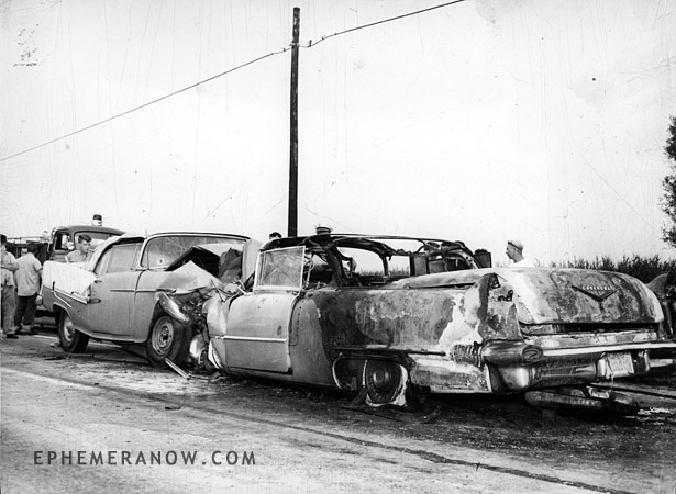 1956 Cadillac and 1955 Chevrolet headon collision somewhere in New Jersey